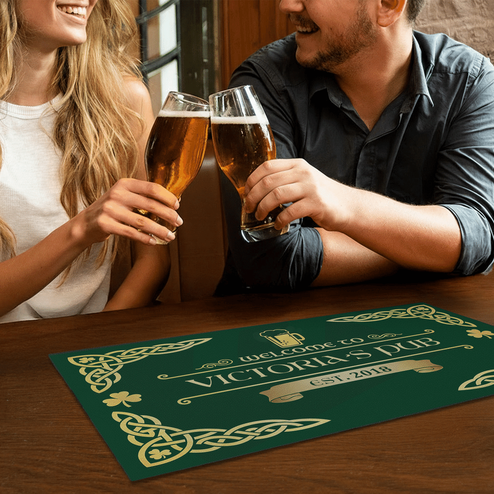 Personalized Vintage Irish Pub Bar Mat Coaster Bottle Opener Set with Pub Name and Year Bar Accessories Birthday Christmas Gift for Men Beer Lovers 3