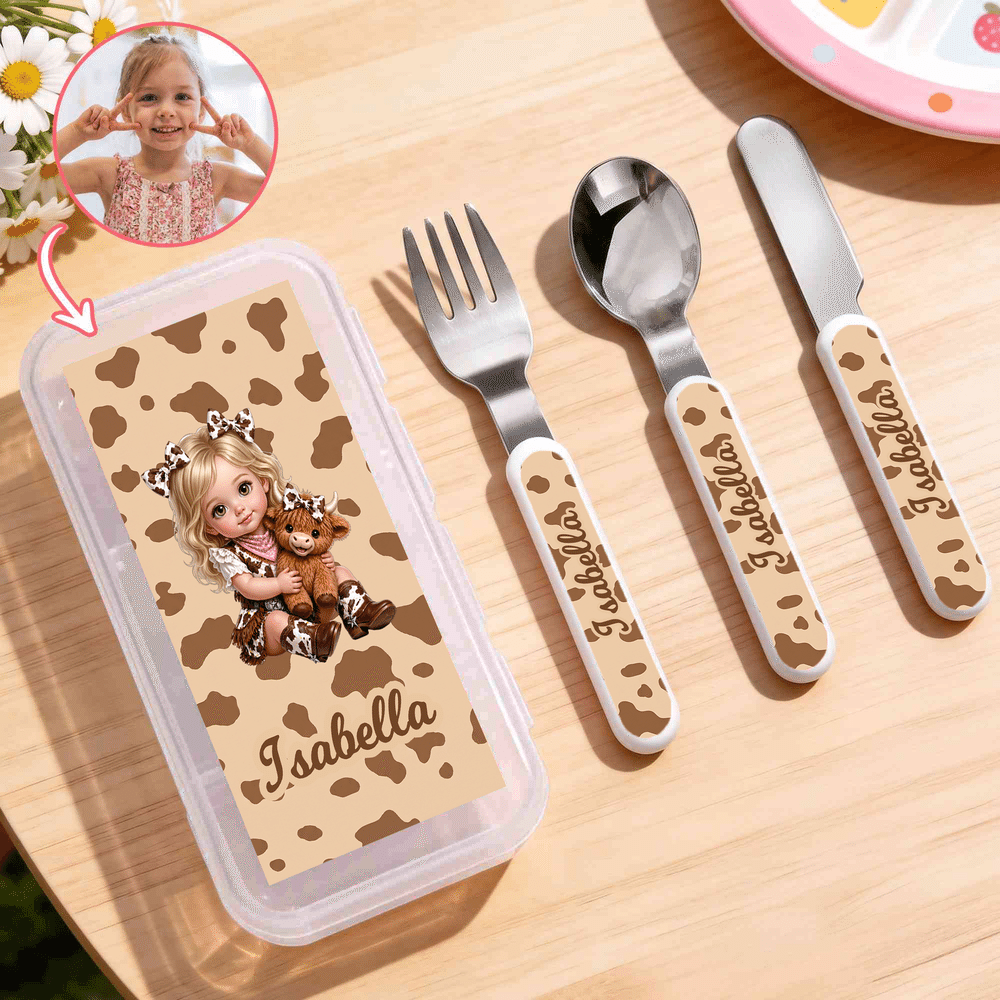 Personalisiertes 3-teiliges Besteckset im Western-Stil (Cowboy/Cowgirl) für Kinder: Gabel, Löffel, Messer im Etui mit Namen – für den täglichen Gebrauch, Geburtstagsgeschenk für Jungen und Mädchen 1