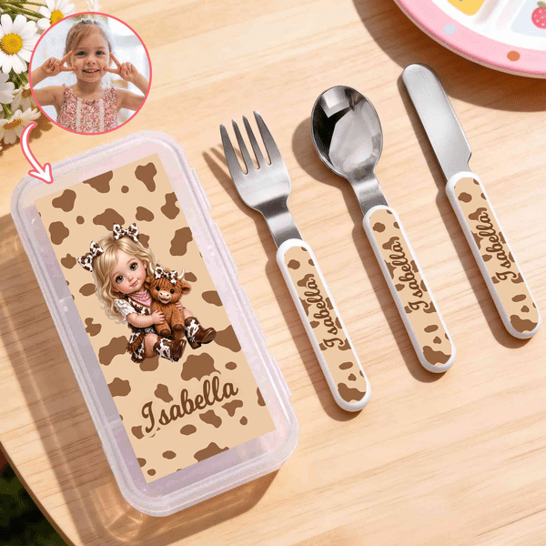 Personalisiertes 3-teiliges Besteckset im Western-Stil (Cowboy/Cowgirl) für Kinder: Gabel, Löffel, Messer im Etui mit Namen – für den täglichen Gebrauch, Geburtstagsgeschenk für Jungen und Mädchen