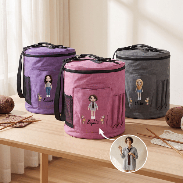 Personalised Cartoon Character Photo Oxford Large Cylindrical Yarn Storage Bag with Name Daily Use Birthday Gift for Crochet Lovers Women