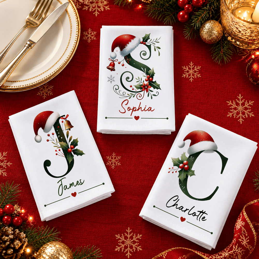 Personalised Santa Hat Initial 100% Cotton Christmas Napkin with Name Table Decoration Christmas Gift for Kids Family Friends 2