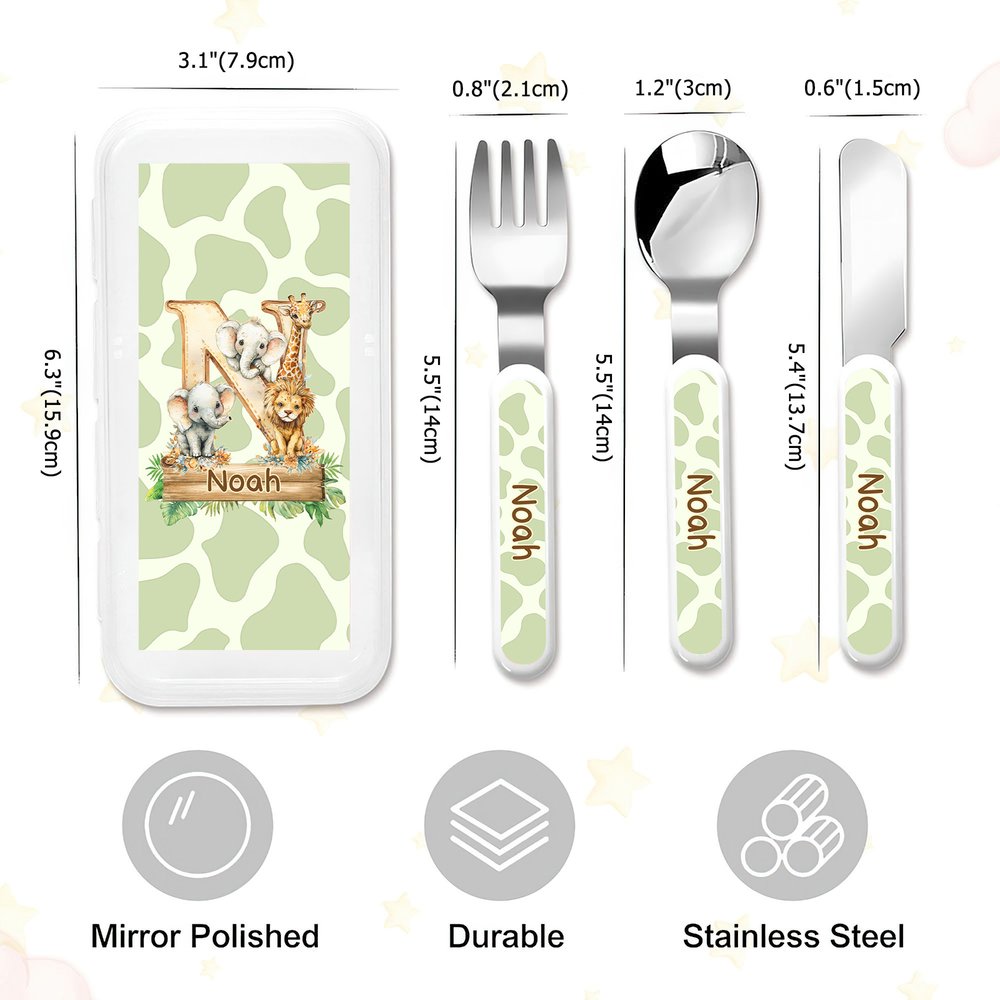 Personalised Cartoon Wild Animal Initial Fork Spoon Knife 3 Pcs Cutlery Set with Name and Case Back to School Birthday Gift for Kid Boy Girl 9
