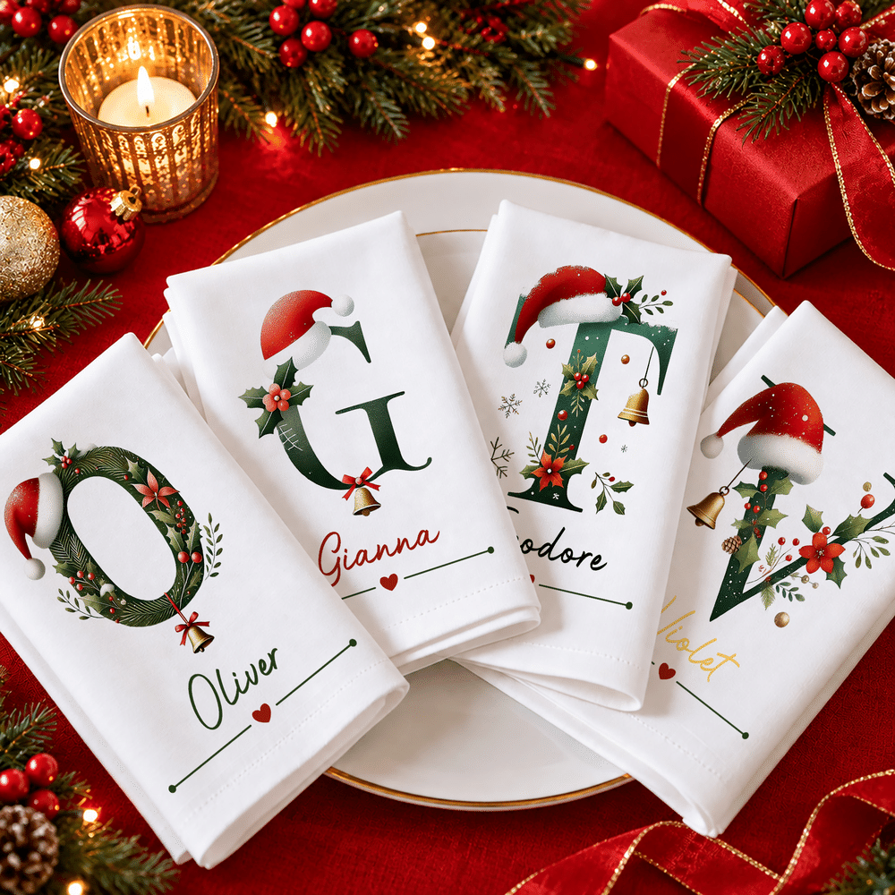 Personalised Santa Hat Initial 100% Cotton Christmas Napkin with Name Table Decoration Christmas Gift for Kids Family Friends 4