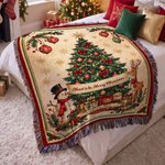 Personalized Vintage Christmas Reindeer Snowman Tassel Throw Blanket with Text Festive Christmas Gift for Family
