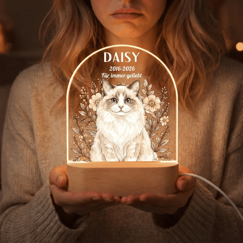 Personalisiertes Haustierfoto Nachtlicht mit Aquarell-Blumen | mit Namen & Text | LED-Acryllampe mit Holzsockel | Erinnerungsgeschenk für Tierbesitzer 6