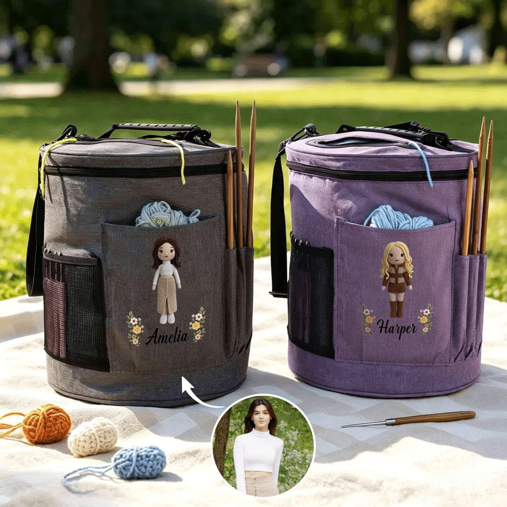 Personalised Cartoon Character Photo Oxford Large Cylindrical Yarn Storage Bag with Name Daily Use Birthday Gift for Crochet Lovers Women 2