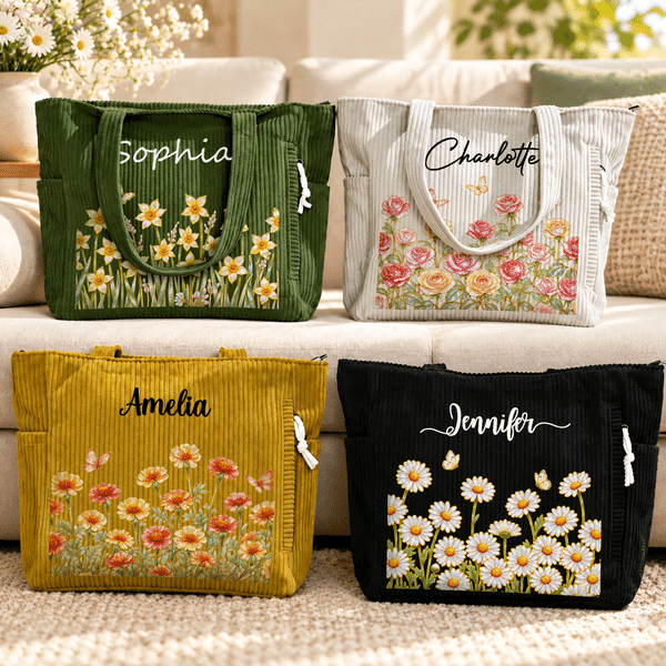 Personalised Pearl Style Birth Flower Large Capacity Corduroy Tote Bag with Name Daily Use Travel Birthday Christmas Gift for Women