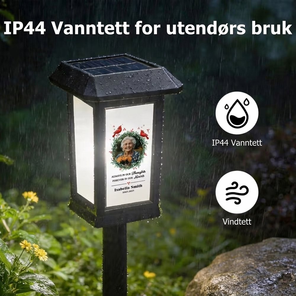 Personlig solcellehagelampe krans kardinal sommerfugl med bilde og navn vanntett hage gravsted dekor minnegave til familie venner 7