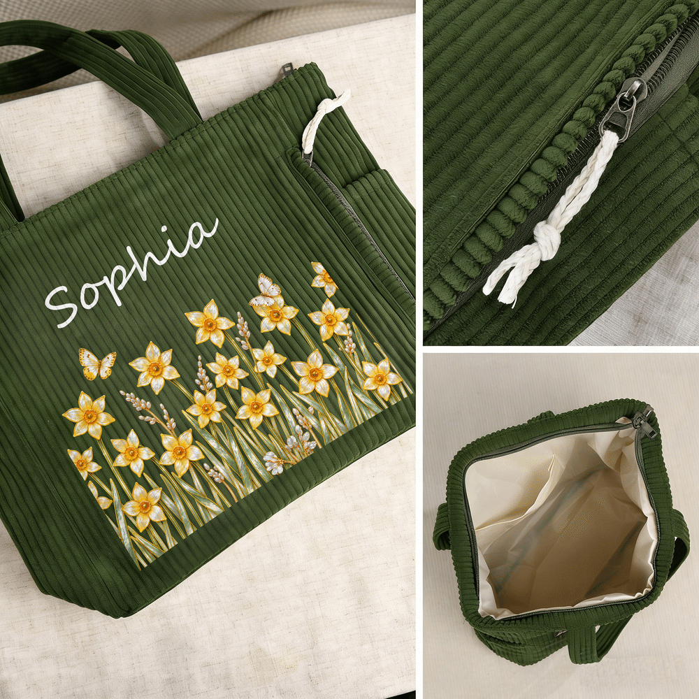 Personalised Pearl Style Birth Flower Large Capacity Corduroy Tote Bag with Name Daily Use Travel Birthday Christmas Gift for Women 9