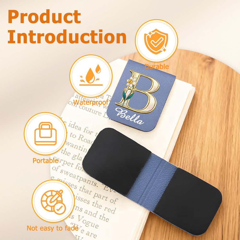 Personalized Pearl Effect Birth Flower Initial Magnetic PU Leather Bookmark Clip with Name Daily Use Birthday Gift for Bookworms Book Lovers 9