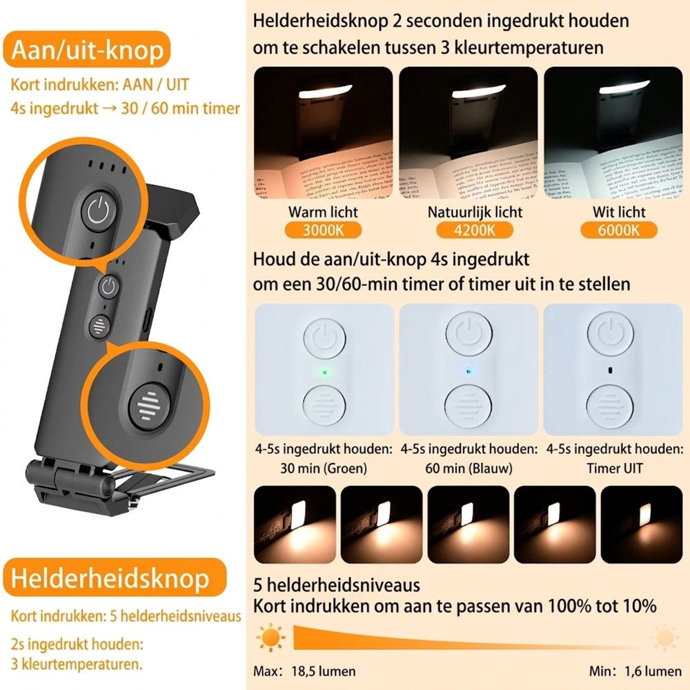 Gepersonaliseerd 3 kleuren boekenlampje met cartoonfiguur en naam, oplaadbare LED leeslamp, cadeau voor boekenliefhebbers 10
