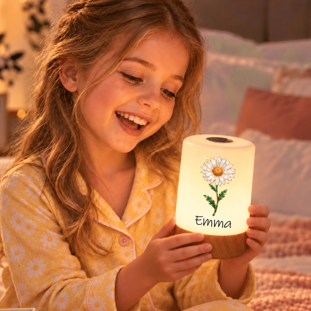 Personalised Pearlescent Gold-Trim Birth Flower Rechargeable Touch Control Night Light with Name Bedroom Decor Birthday Gift for Kids Women 4