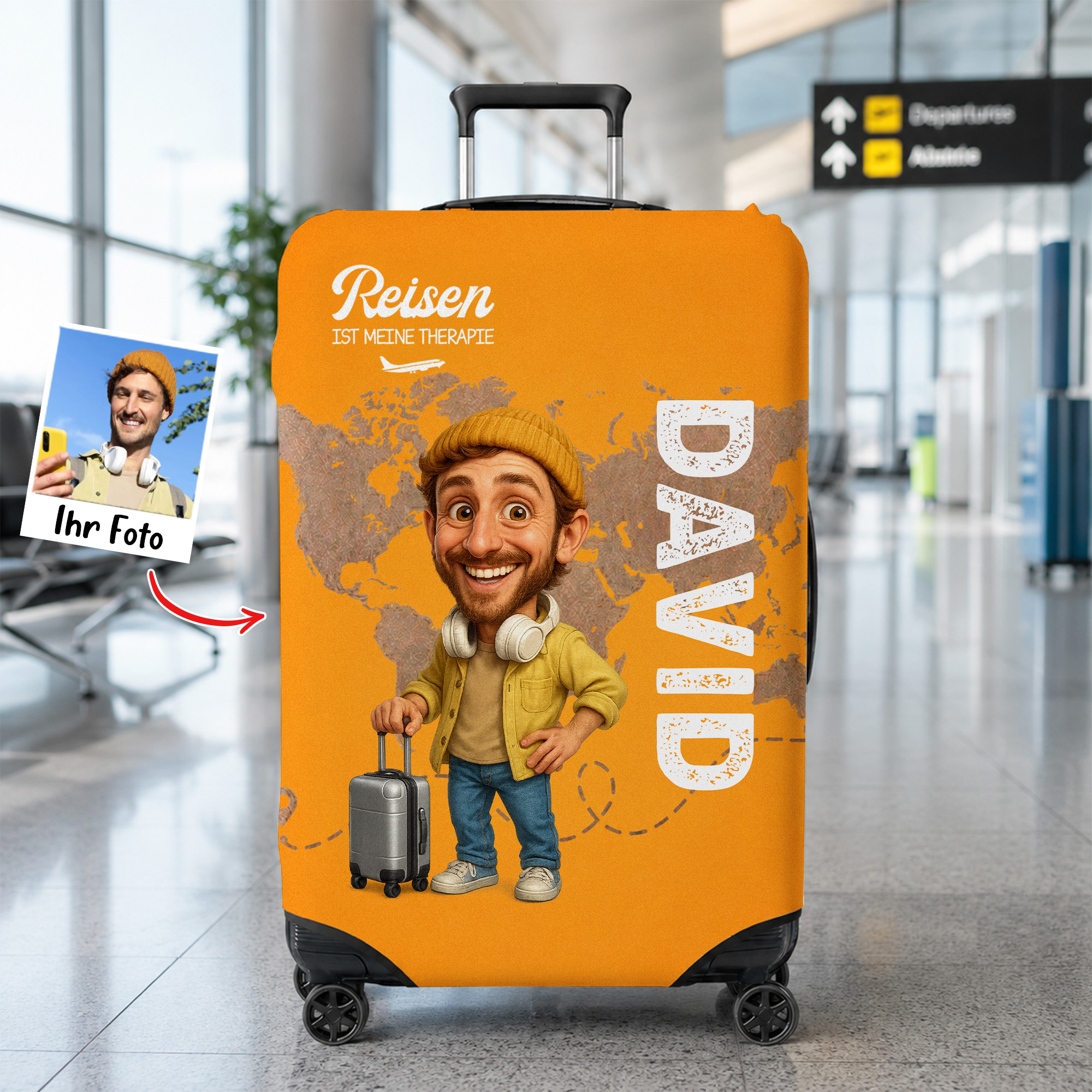 Personalisierte Foto-Karikatur Kofferschutzhülle mit Namen & Lebensmotto | Elastische Kofferhülle für 45–81 cm Höhe | Reise Geschenk für Weltenbummler