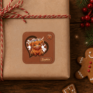 Personalized Vintage Cartoon Highland Cow Heart Waterproof Stickers with Name Christmas Holiday Party Gift for Family Friends Kids