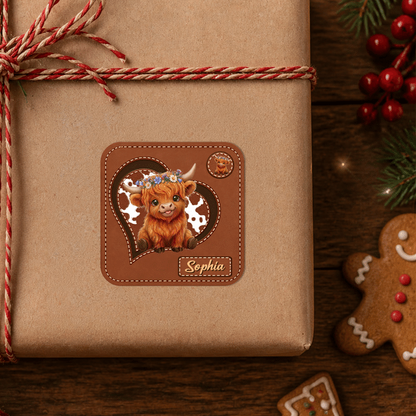 Personalised Vintage Cartoon Highland Cow Heart Waterproof Stickers with Name Christmas Holiday Party Gift for Family Friends Kids