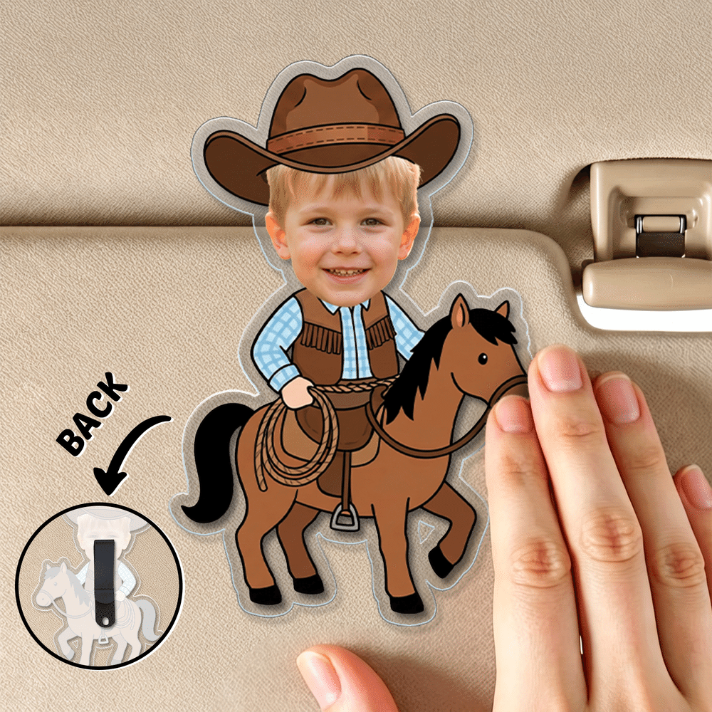 Personalized Cartoon Cowboy Photo Car Vent Clip Sun Visor Clip Rearview Mirror Ornament with Text Car Accessories Birthday Gift for Drivers Parents 3