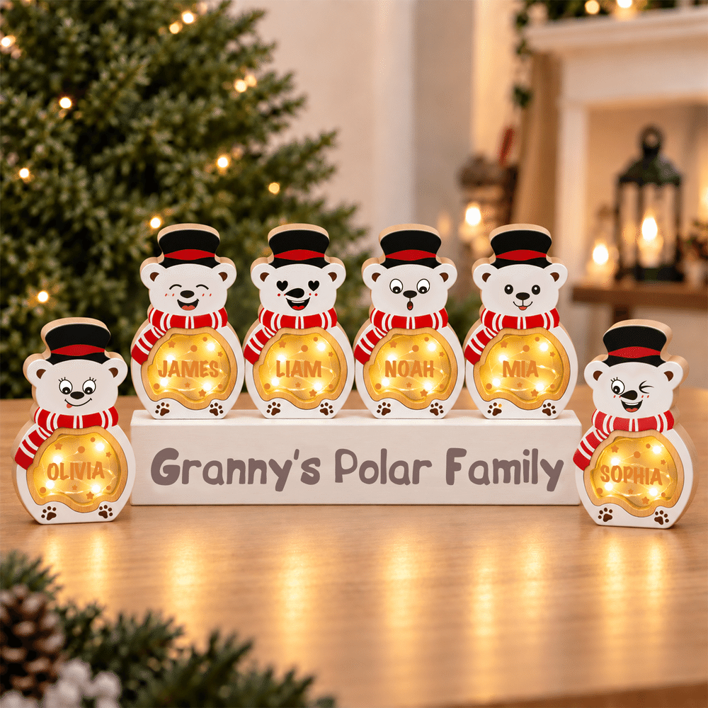 Personalized Cute Polar Bear LED Light Wooden Christmas Ornament with Name and Text Christmas Gift for Family Kids 2