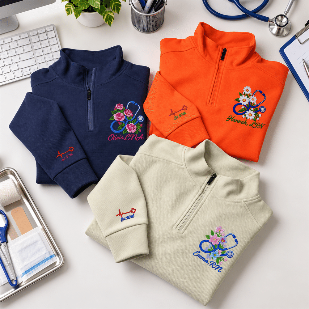 Personalised Floral Stethoscope Embroidered Quarter-Zip Sweatshirt with Name Title and Year Nurse Appreciation Graduation Gift for Nurses 4
