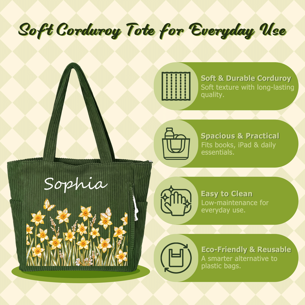 Personalised Pearl Style Birth Flower Large Capacity Corduroy Tote Bag with Name Daily Use Travel Birthday Christmas Gift for Women 11