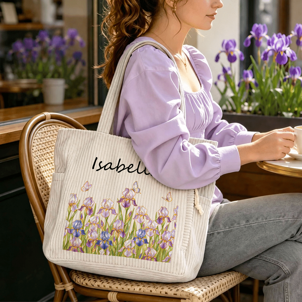 Personalised Pearl Style Birth Flower Large Capacity Corduroy Tote Bag with Name Daily Use Travel Birthday Christmas Gift for Women 4