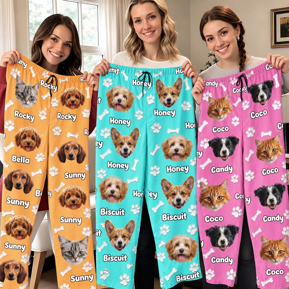 Gepersonaliseerde pyjamabroek met botten en pootafdrukken olieverfstijl en foto van je huisdier verjaardagscadeau voor honden- en kattenliefhebbers 7
