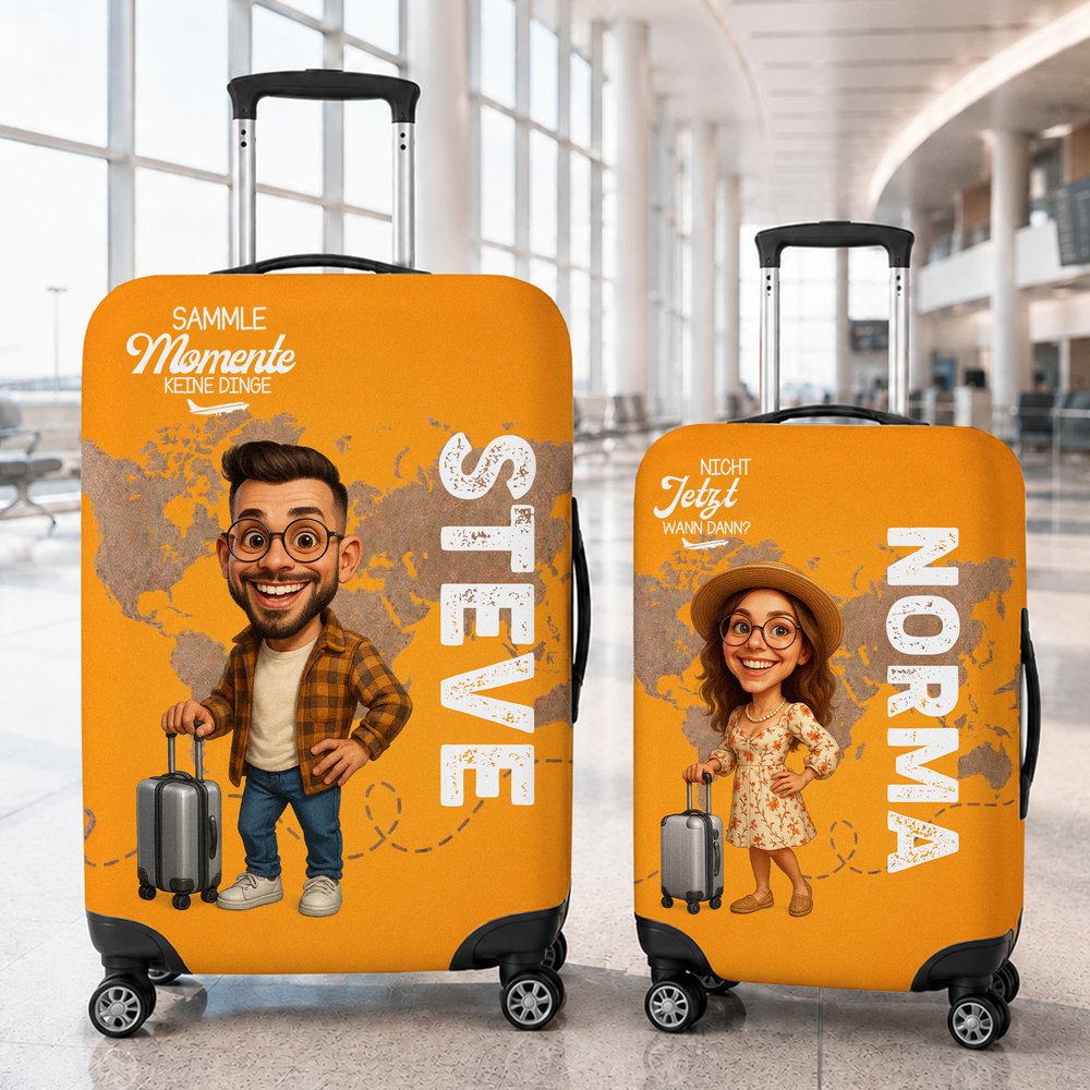 Personalisierte Foto-Karikatur Kofferschutzhülle mit Namen & Lebensmotto | Elastische Kofferhülle für 45–81 cm Höhe | Reise Geschenk für Weltenbummler 2