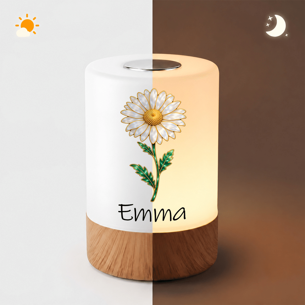 Personalised Pearlescent Gold-Trim Birth Flower Rechargeable Touch Control Night Light with Name Bedroom Decor Birthday Gift for Kids Women 9