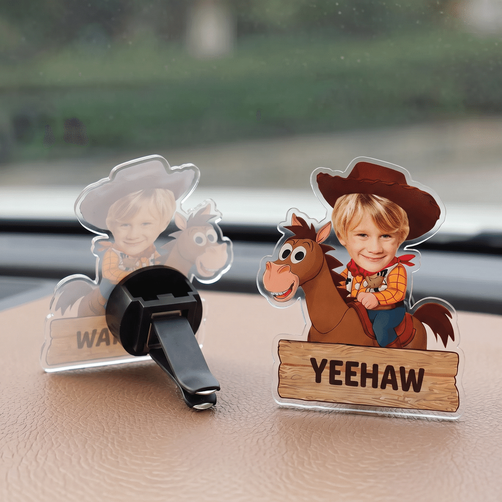Personalized Cartoon Cowboy Photo Car Vent Clip Sun Visor Clip Rearview Mirror Ornament with Text Car Accessories Birthday Gift for Drivers Parents 4