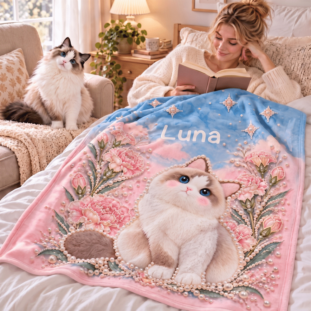 Personalised Pearl-Style Oil Painting Pet Photo Birth Flower Soft Throw Blanket with Name Home Decor Birthday Christmas Gift for Pet Owners 2