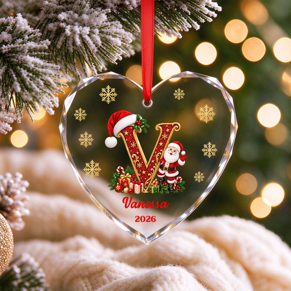 Personalised Santa Claus Christmas Hat Initial Circle Heart Shape Ornament with Name and Year Home Decor Christmas Gift for Family 6