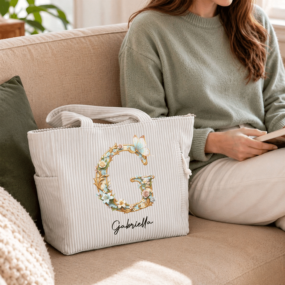 Personalized Floral Butterfly Initial Corduroy Tote Bag with Name Daily Use Birthday Gift for Women Friends 4
