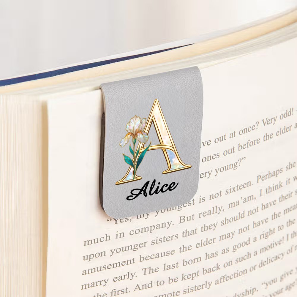 Personalized Pearl Effect Birth Flower Initial Magnetic PU Leather Bookmark Clip with Name Daily Use Birthday Gift for Bookworms Book Lovers 4