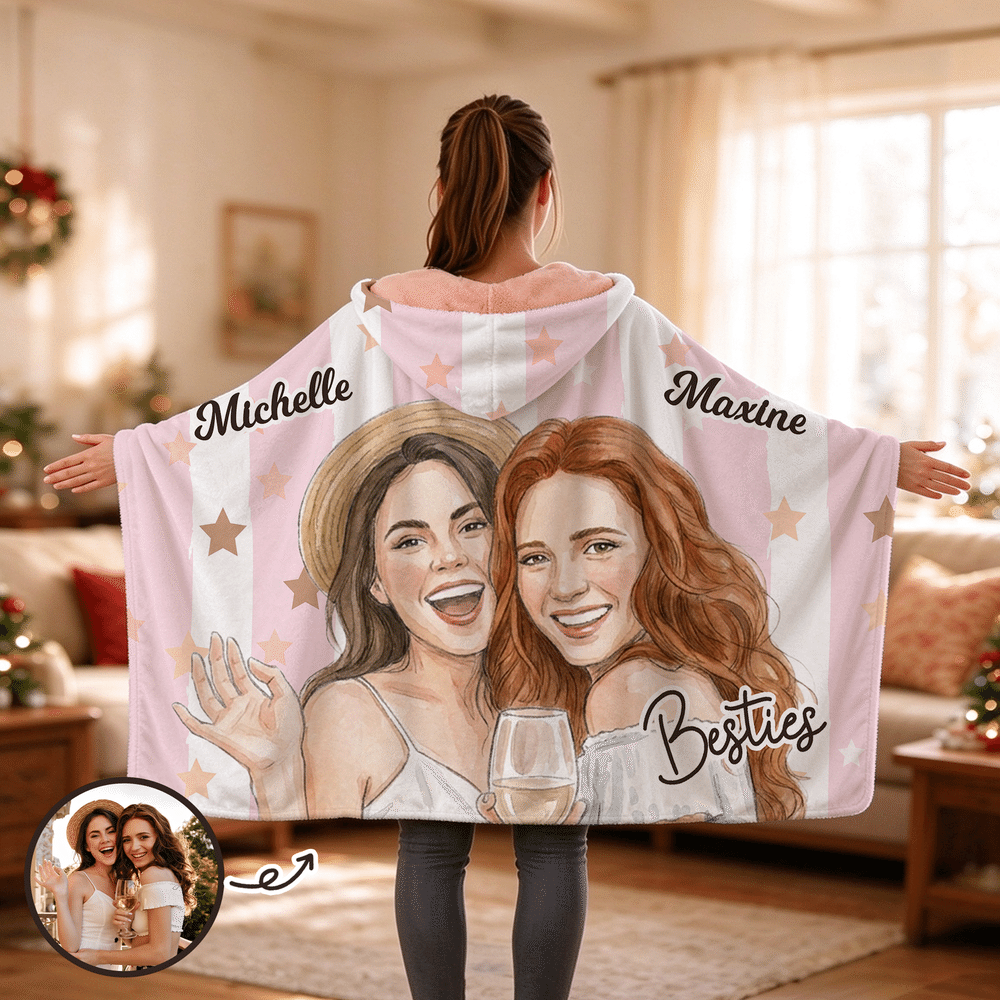 Personalised Soft Watercolor Photo Multi-Size Hooded Blanket with Name Daily Use Birthday Christmas Gift for Best Friends Sisters Women 2