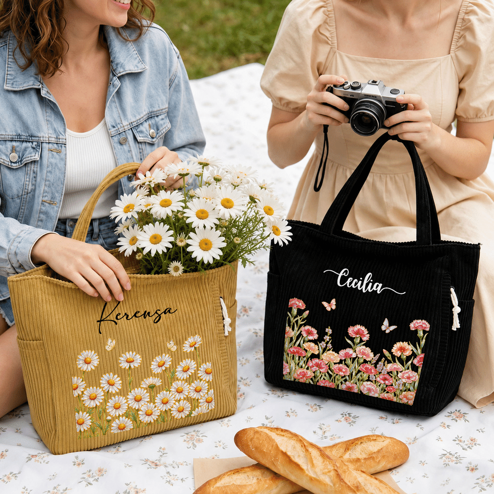 Personalised Pearl Style Birth Flower Large Capacity Corduroy Tote Bag with Name Daily Use Travel Birthday Christmas Gift for Women 6