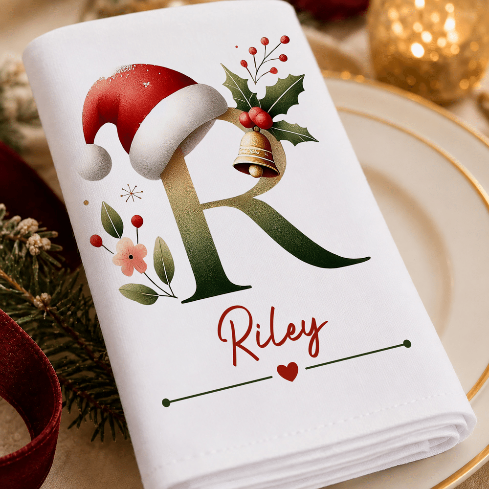 Personalised Santa Hat Initial 100% Cotton Christmas Napkin with Name Table Decoration Christmas Gift for Kids Family Friends 7