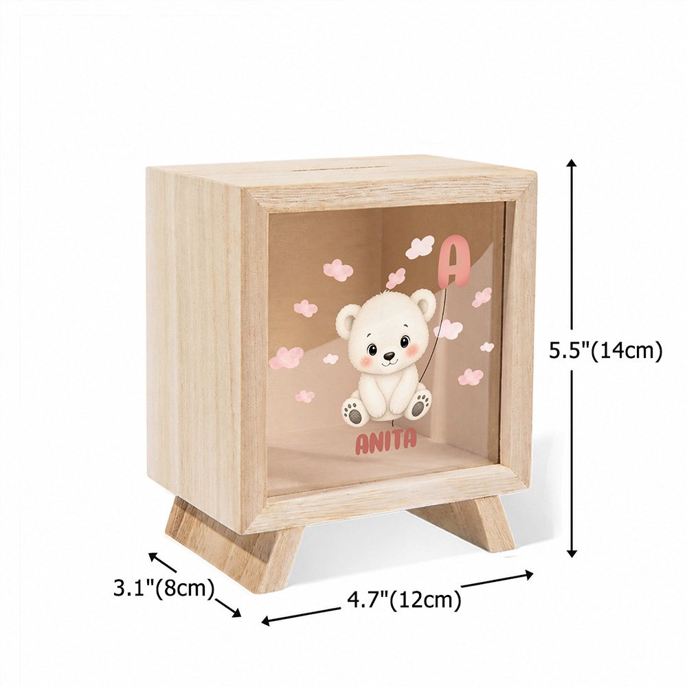 Personalised Raccoon Bear Cartoon Animal Wooden Clear Piggy Bank Money Box with Initial and Name Desk Decor Birthday Gift for Kids 9