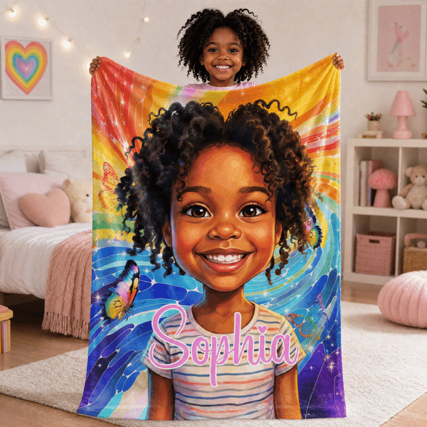 Personalized Cartoon Oil Painting Photo Soft Throw Blanket with Name Home Decor Birthday Christmas Gift for Kids Girls