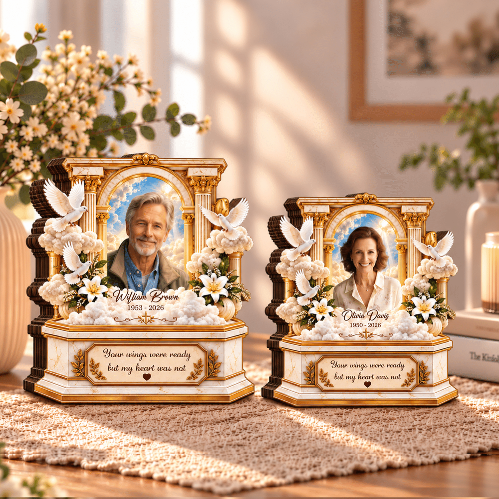 Décoration en bois superposée personnalisée de style 3D représentant une arche dorée ornée, avec photo d'art, année et texte : cadeau de condoléances pour la famille et les amis 6