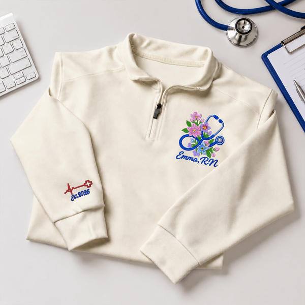 Personalised Floral Stethoscope Embroidered Quarter-Zip Sweatshirt with Name Title and Year Nurse Appreciation Graduation Gift for Nurses