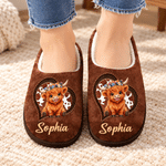 Personalized Cartoon Highland Cow Warm Flannel Slippers with Name Birthday Christmas Gift for Family Kids Women Men 4