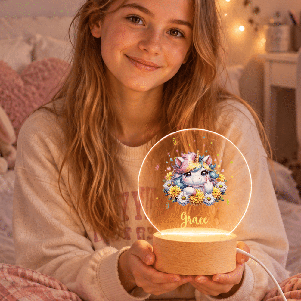 Placas acrílicas personalizadas con forma de círculo, con motivos de unicornio y flores de nacimiento, con luz nocturna, con nombre, para dormitorio infantil, regalo de cumpleaños para niñas 5