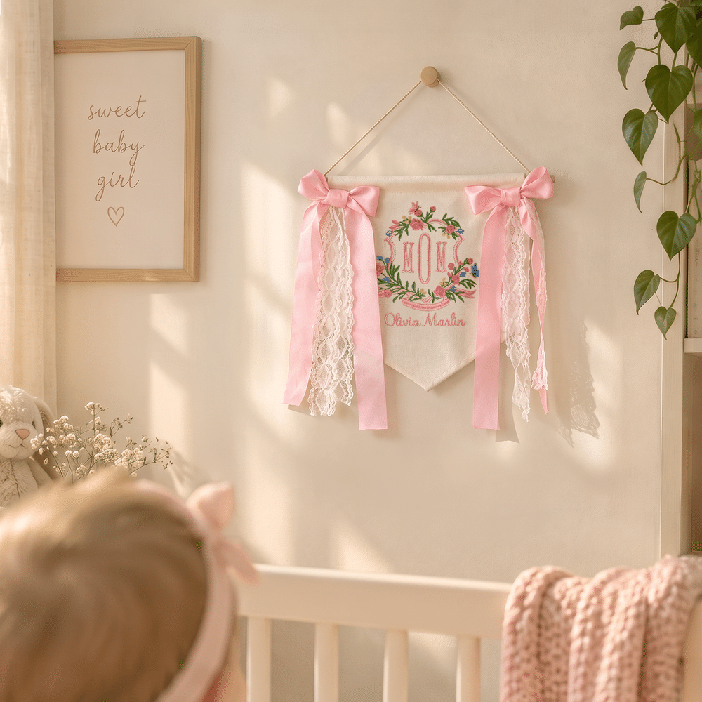 Personalised Embroidery Rustic Style Flowers Banner Decoration with Text  Tag Baby Bedside Decoration Hospital Gift for Newborn 6