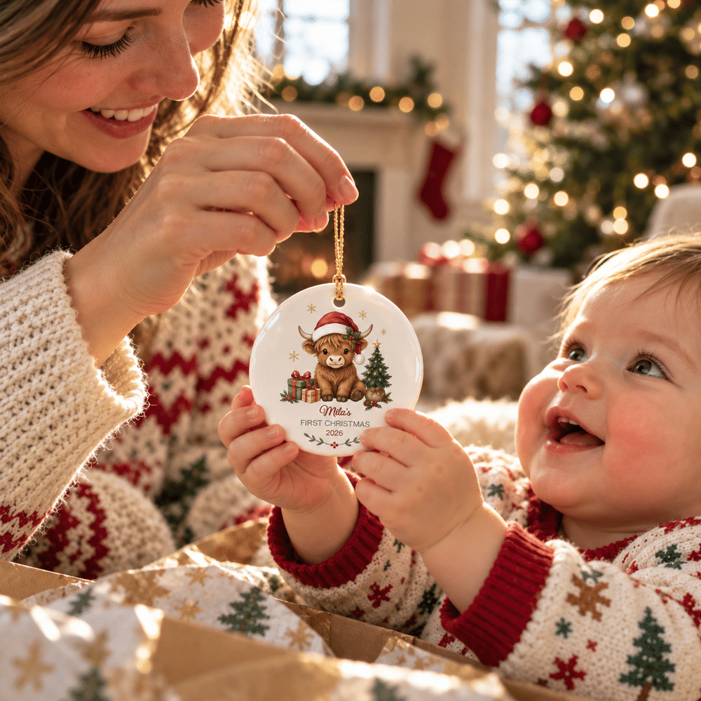Coffret cadeau personnalisé « Highland Cow » : décoration en céramique avec prénom, décoration d'arbre, cadeau de premier Noël pour un nouveau-né 4