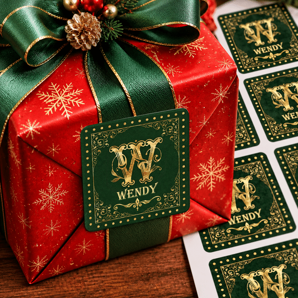 Personalized Retro Gold Initial Red Green Waterproof Square Stickers with Name Christmas Gift for Family Friends