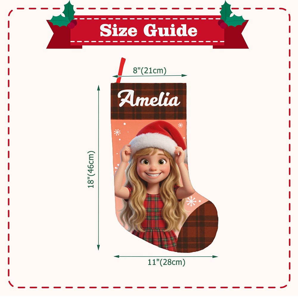 Calcetín navideño personalizado con foto de dibujos animados, gorro de Papá Noel a cuadros y nombre; decoración para el hogar; regalo de Navidad para niños y la familia 8