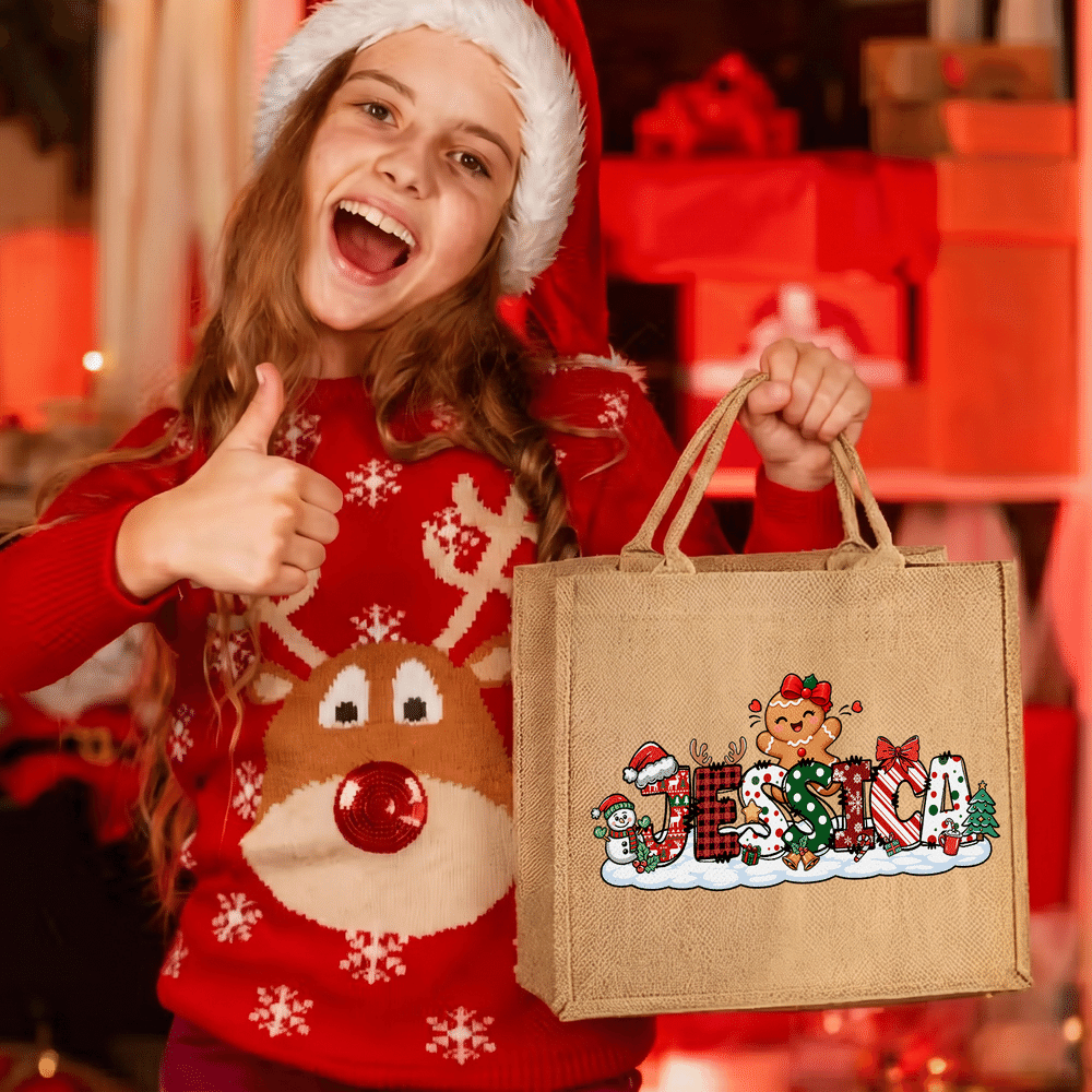 Personalized Santa Gingerbread Man Snowman Jute Tote Bag with Name Christmas Gift for Kids Family Friends 5