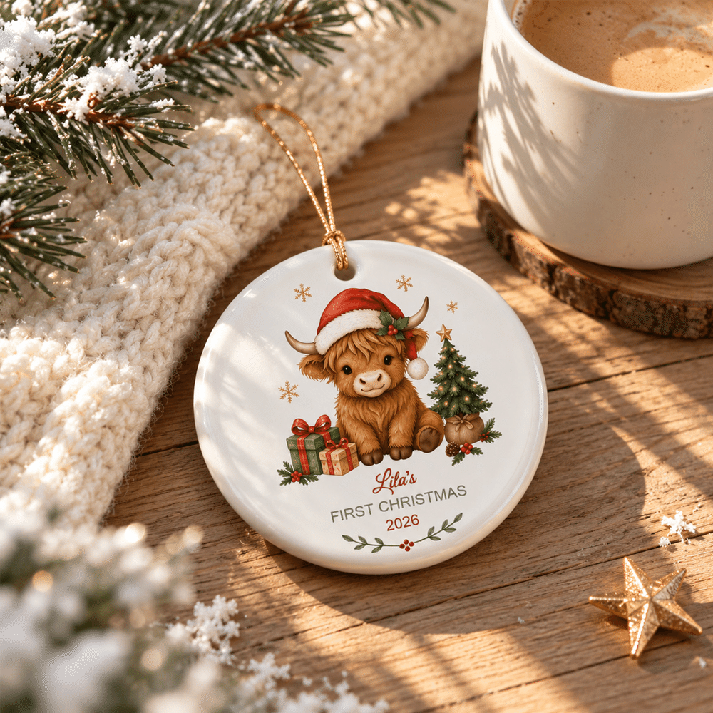 Coffret cadeau personnalisé « Highland Cow » : décoration en céramique avec prénom, décoration d'arbre, cadeau de premier Noël pour un nouveau-né 3