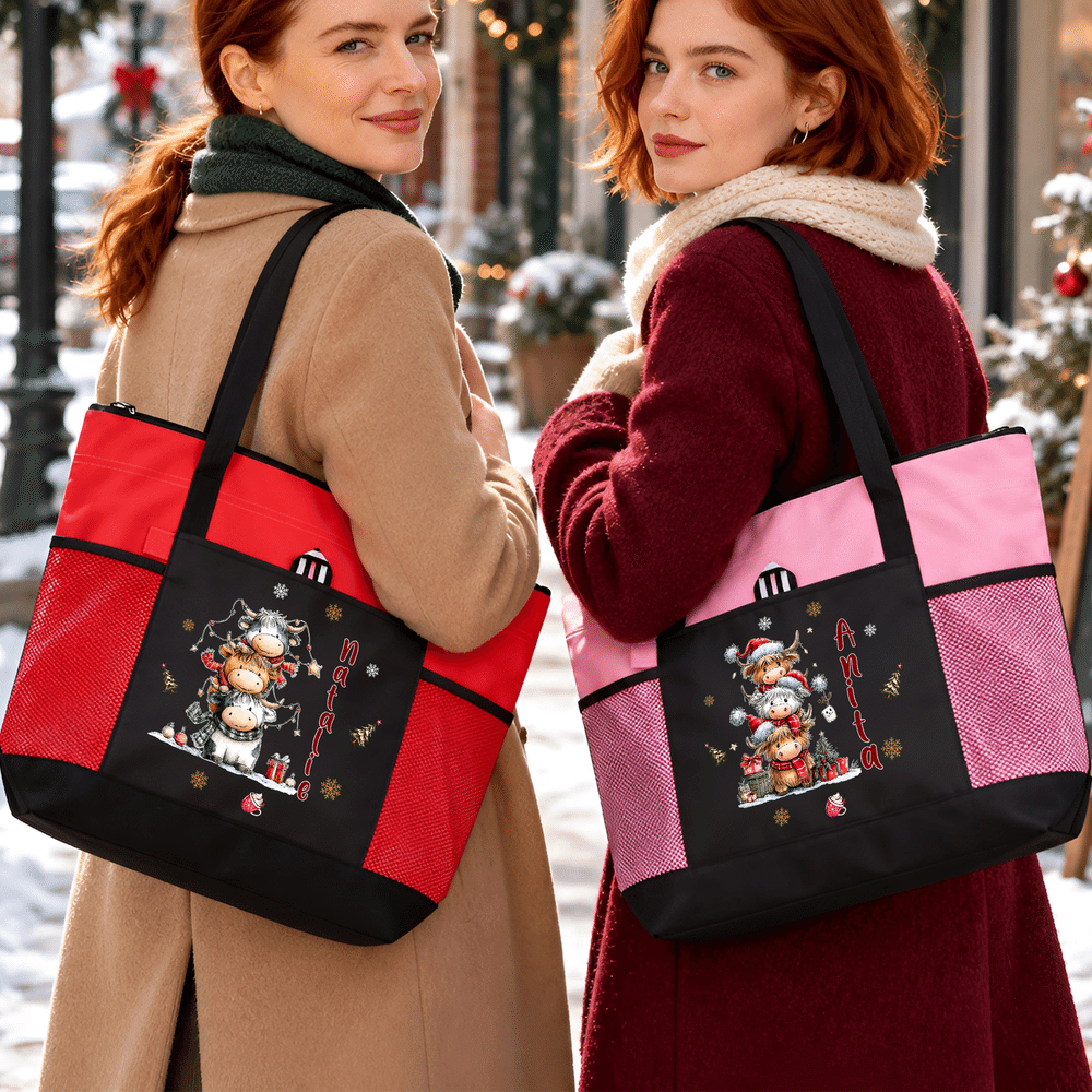 Personalized Stacked Highland Cow Large Capacity Tote Bag with Name and Mesh Pockets Christmas Holiday Gift for Family Friends 3