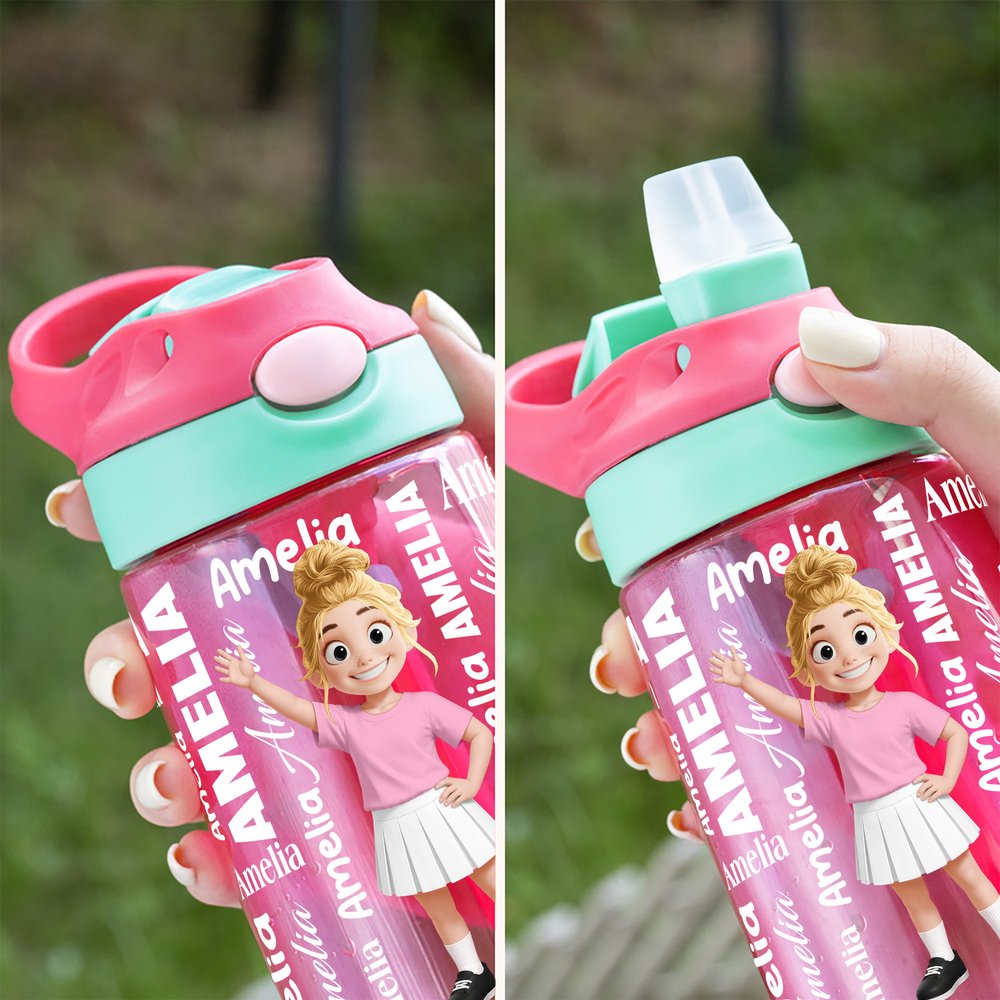 Personalisierte Wortwolke mit Cartoon-Figur und Namen – 16 oz Kinder-Trinkflasche mit Strohhalm und Griff – Geschenk zum Schulanfang, zum Kindertag oder zum Geburtstag für Kinder 7