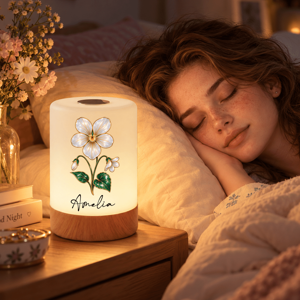 Personalised Pearlescent Gold-Trim Birth Flower Rechargeable Touch Control Night Light with Name Bedroom Decor Birthday Gift for Kids Women 2